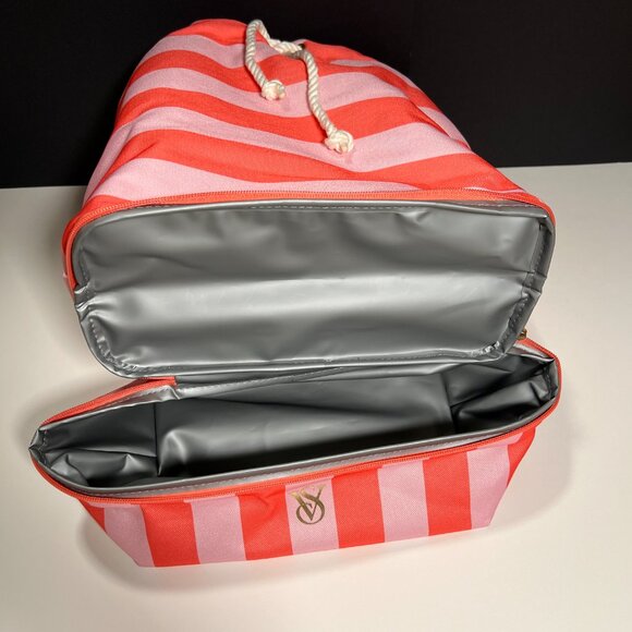 Victoria Secret Backpack Cooler Pocket Beach Bag Logo Drawstring Stripped Pink - Picture 13 of 14